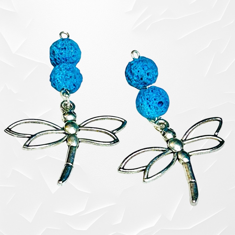 Hand Crafted Earrings Lava Dragonfly Dangle Silver Turquoise Pierced